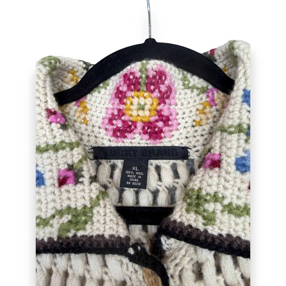 Lucky Brand VTG Wool Crochet Knit Long Cardigan Sweater Coat Duster‎ Womens XL - Picture 6 of 12